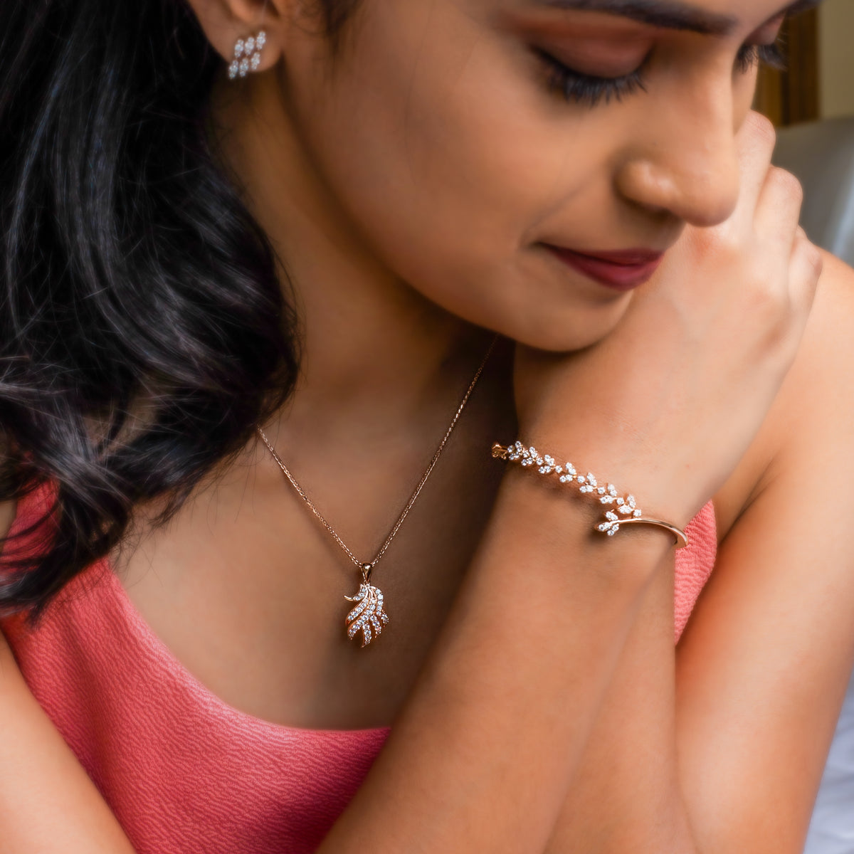 Elegant Diamond Feather Pendant