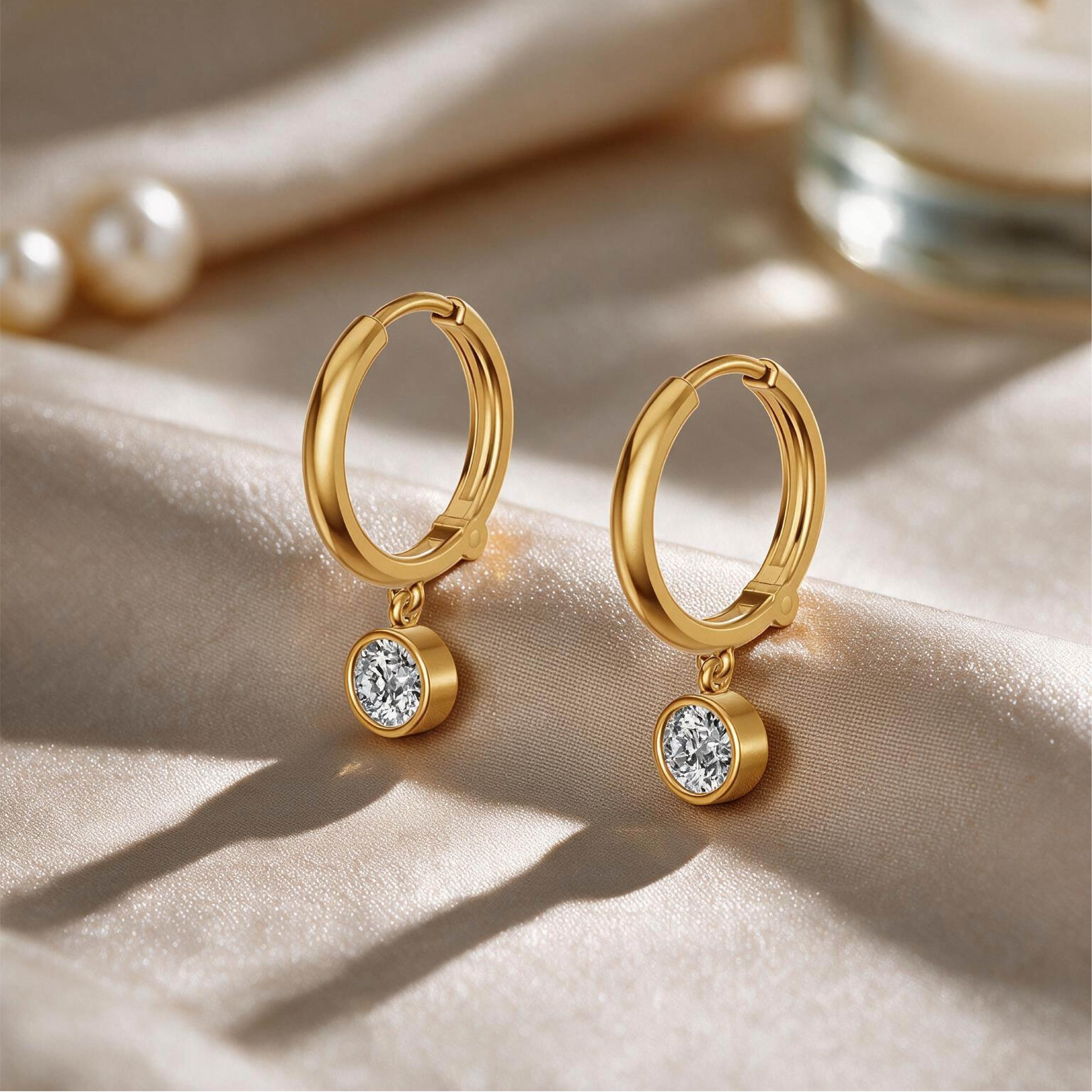 Bezel Diamond Hoop Drop Earrings