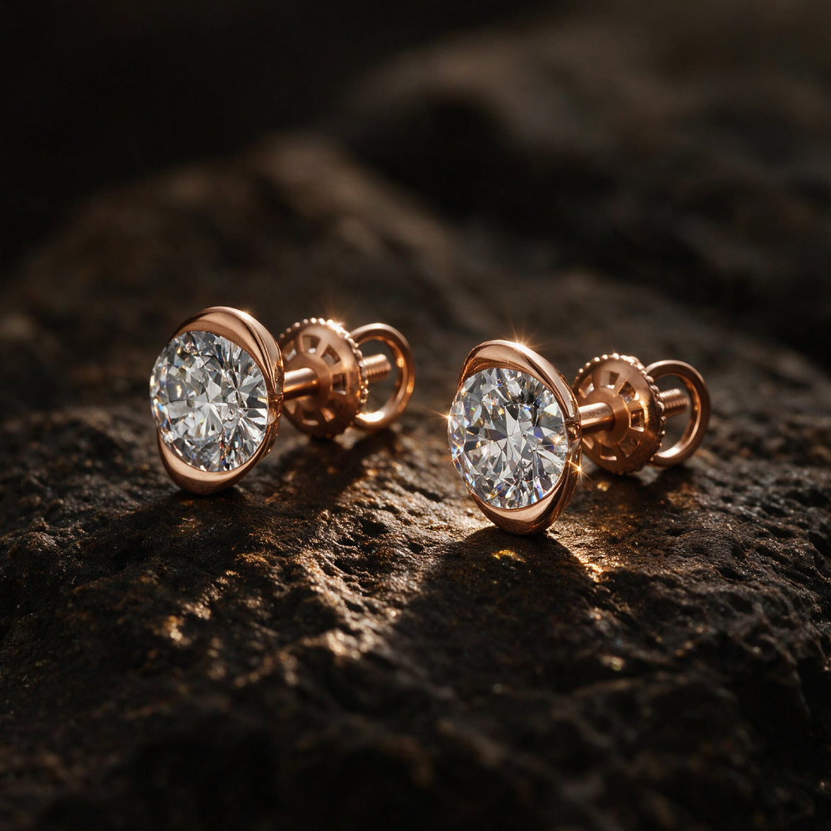 Half Bezel Rising Edge Round Solitaire Stud Earrings
