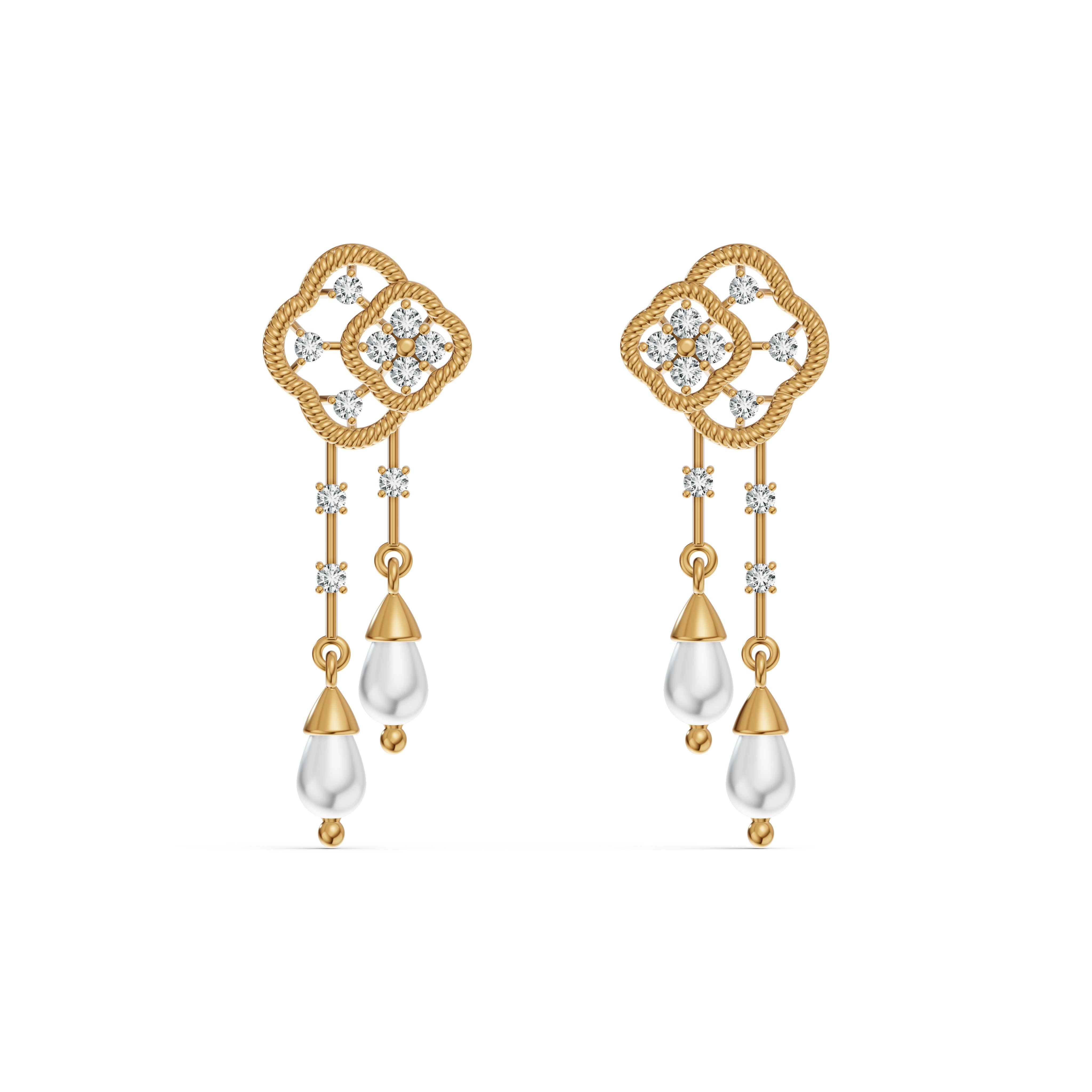 Double Clover Pearl Drop Diamond Earrings