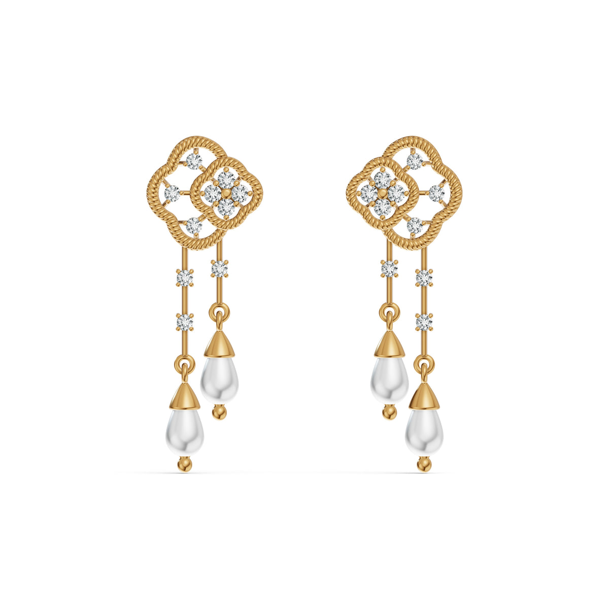 Double Clover Pearl Drop Diamond Earrings