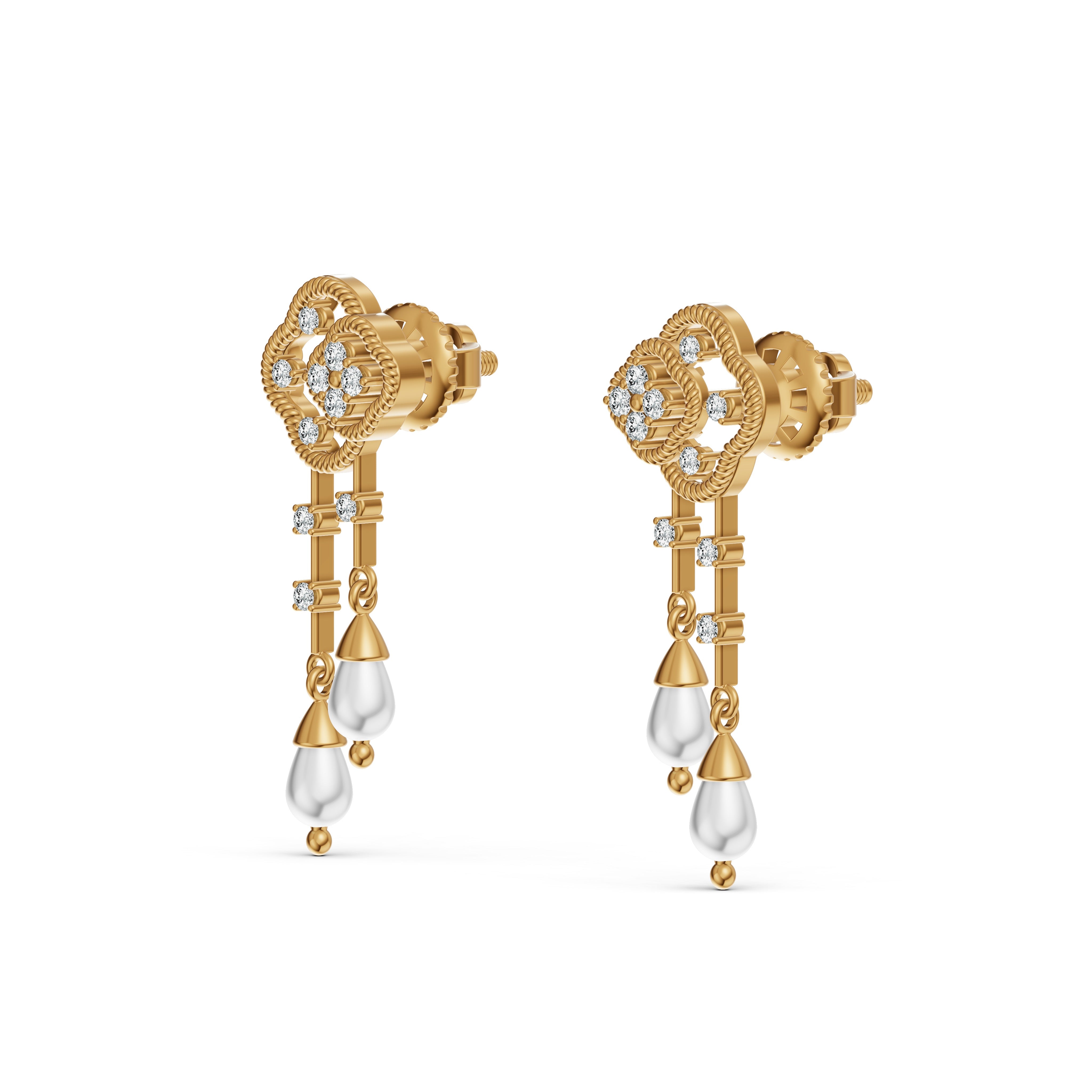 Double Clover Pearl Drop Diamond Earrings