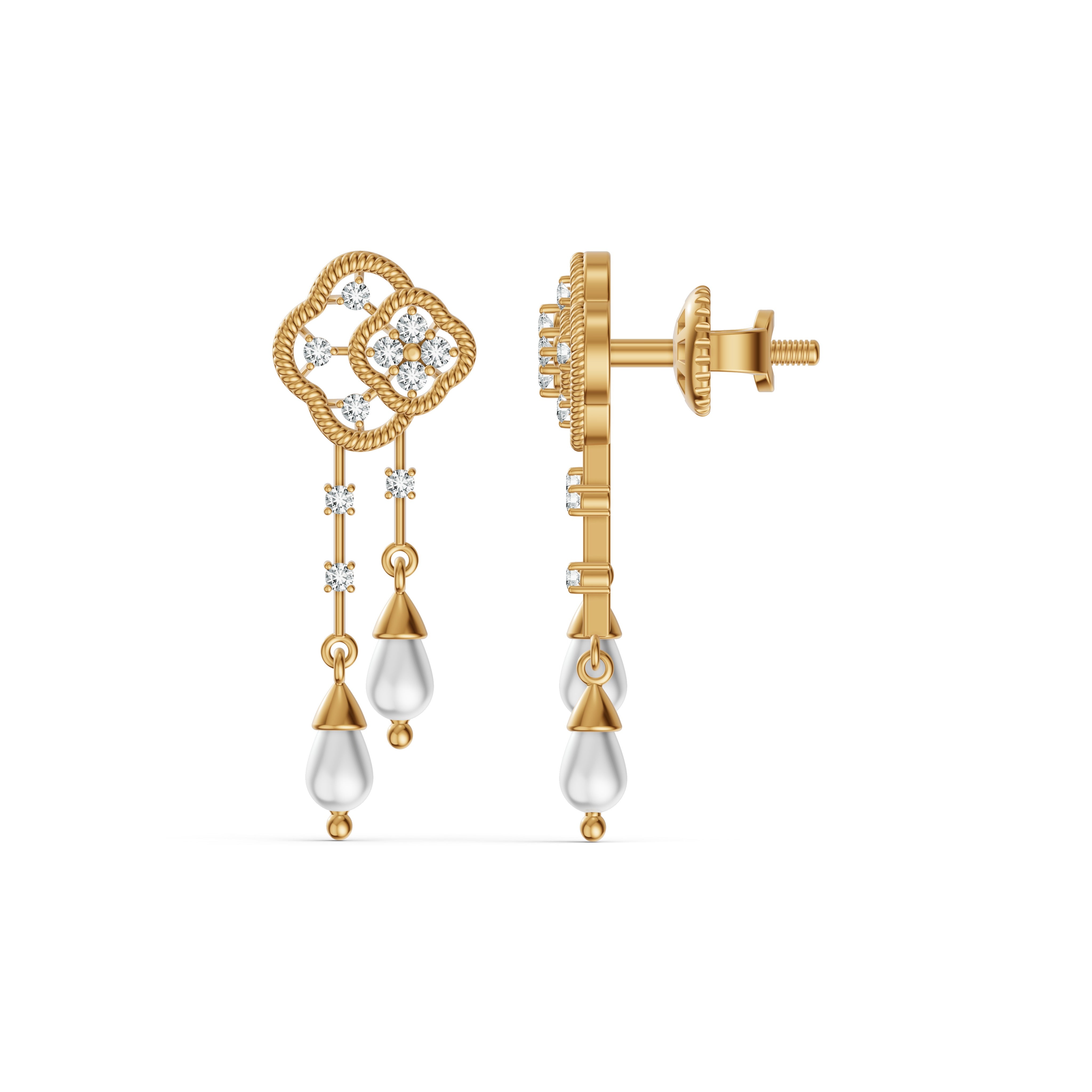 Double Clover Pearl Drop Diamond Earrings