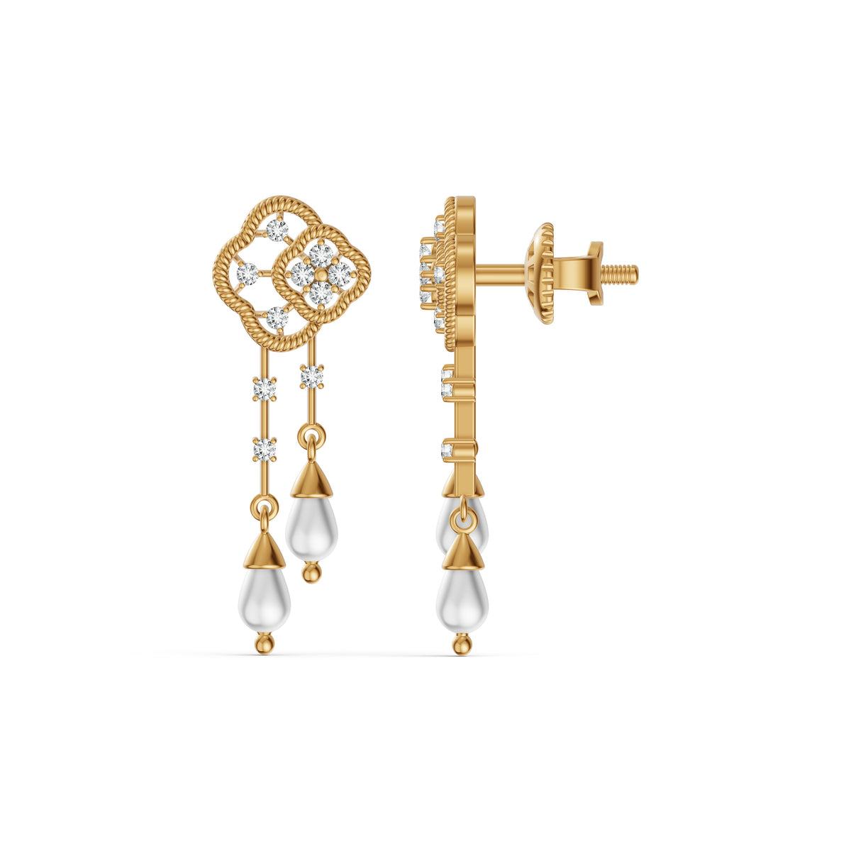 Double Clover Pearl Drop Diamond Earrings