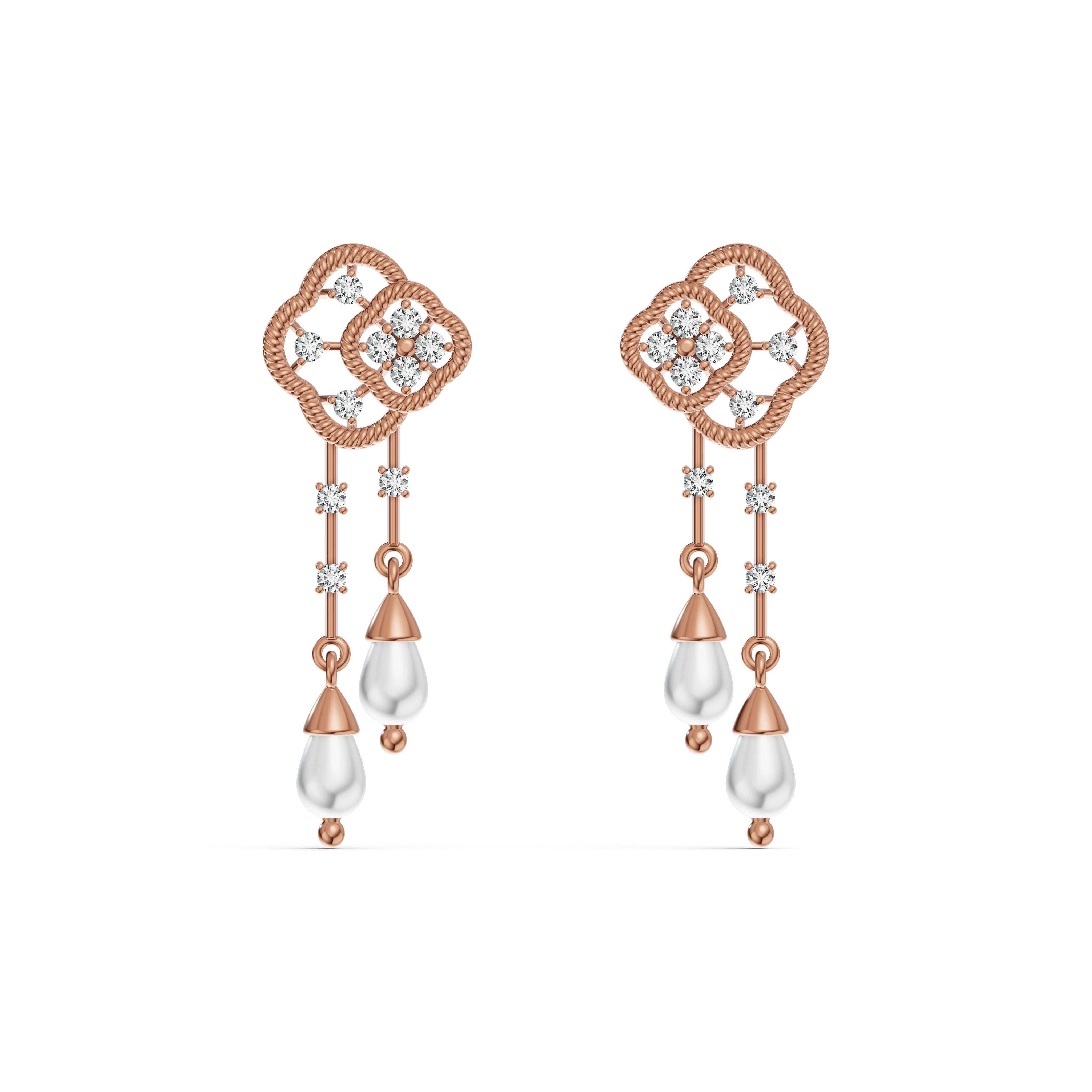 Double Clover Pearl Drop Diamond Earrings