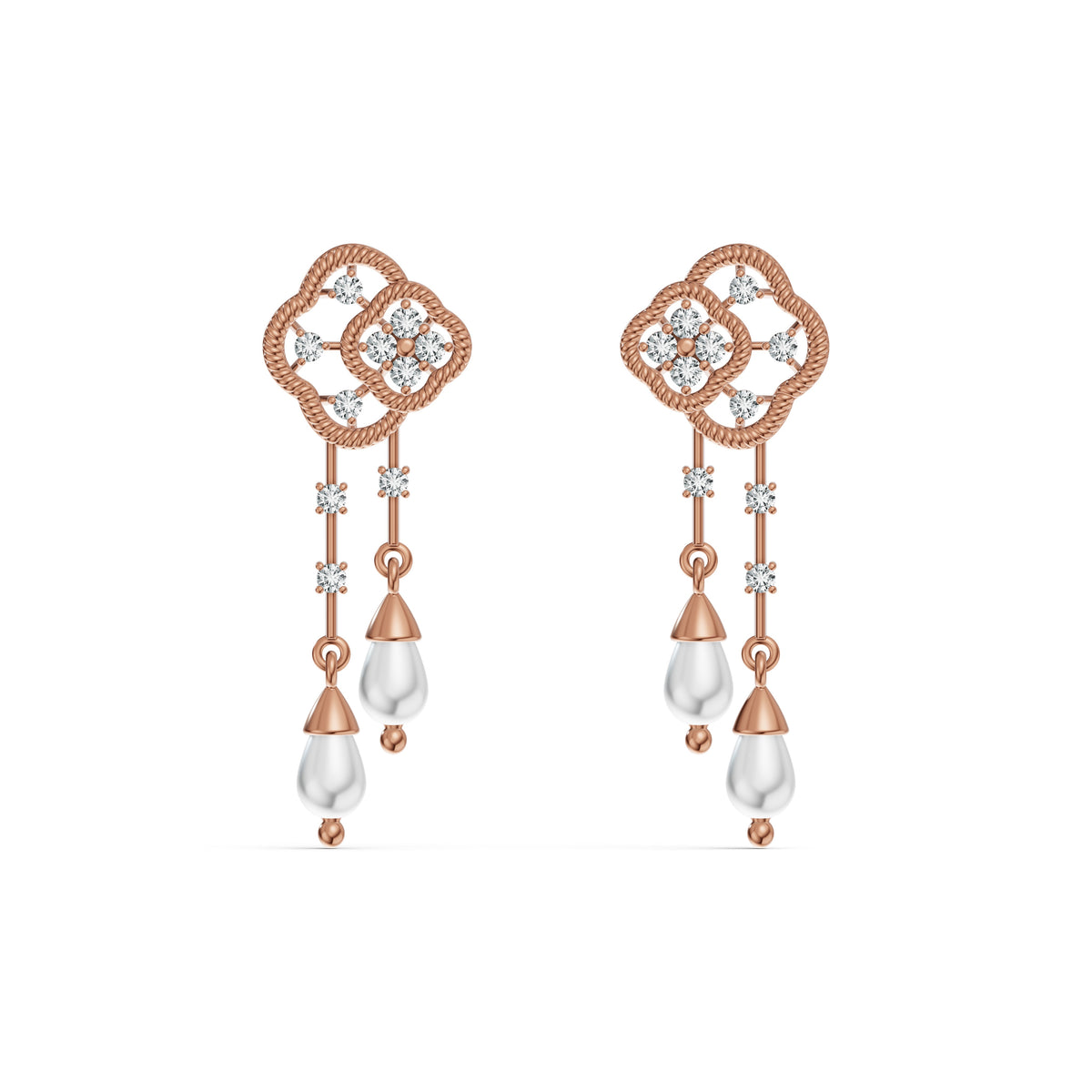 Double Clover Pearl Drop Diamond Earrings
