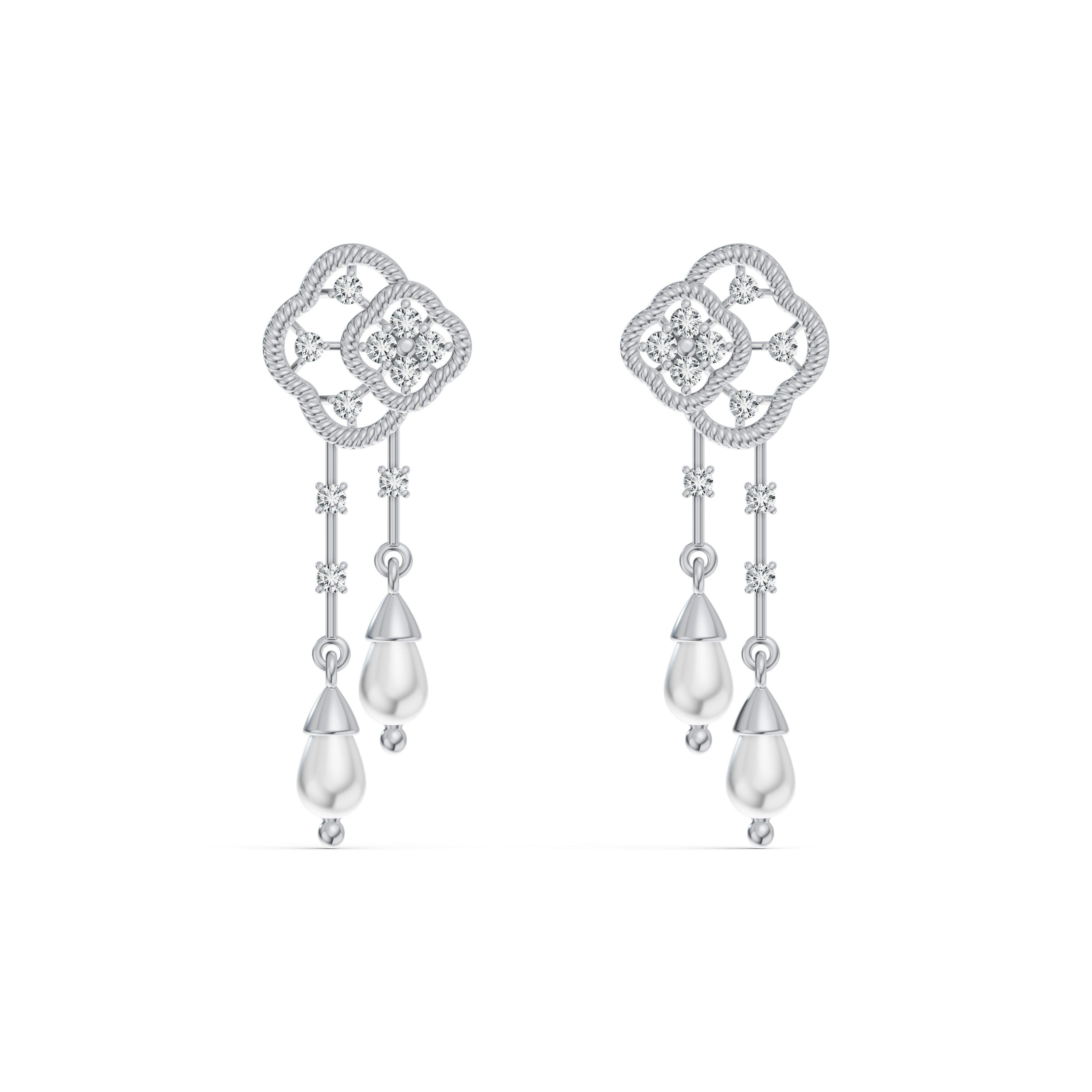 Double Clover Pearl Drop Diamond Earrings