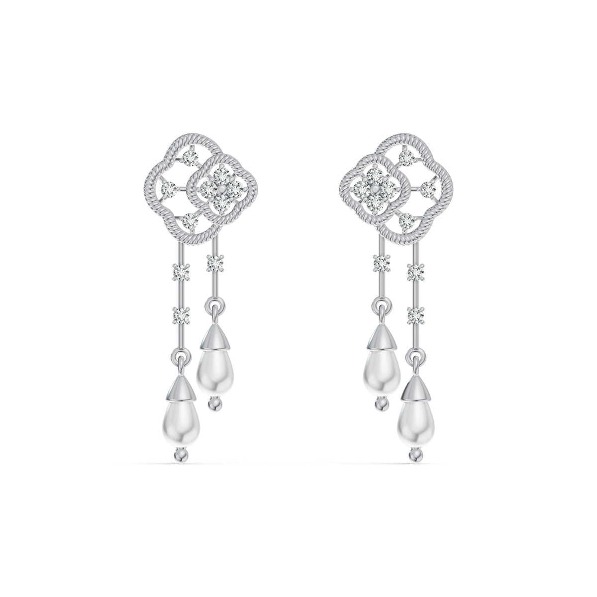 Double Clover Pearl Drop Diamond Earrings