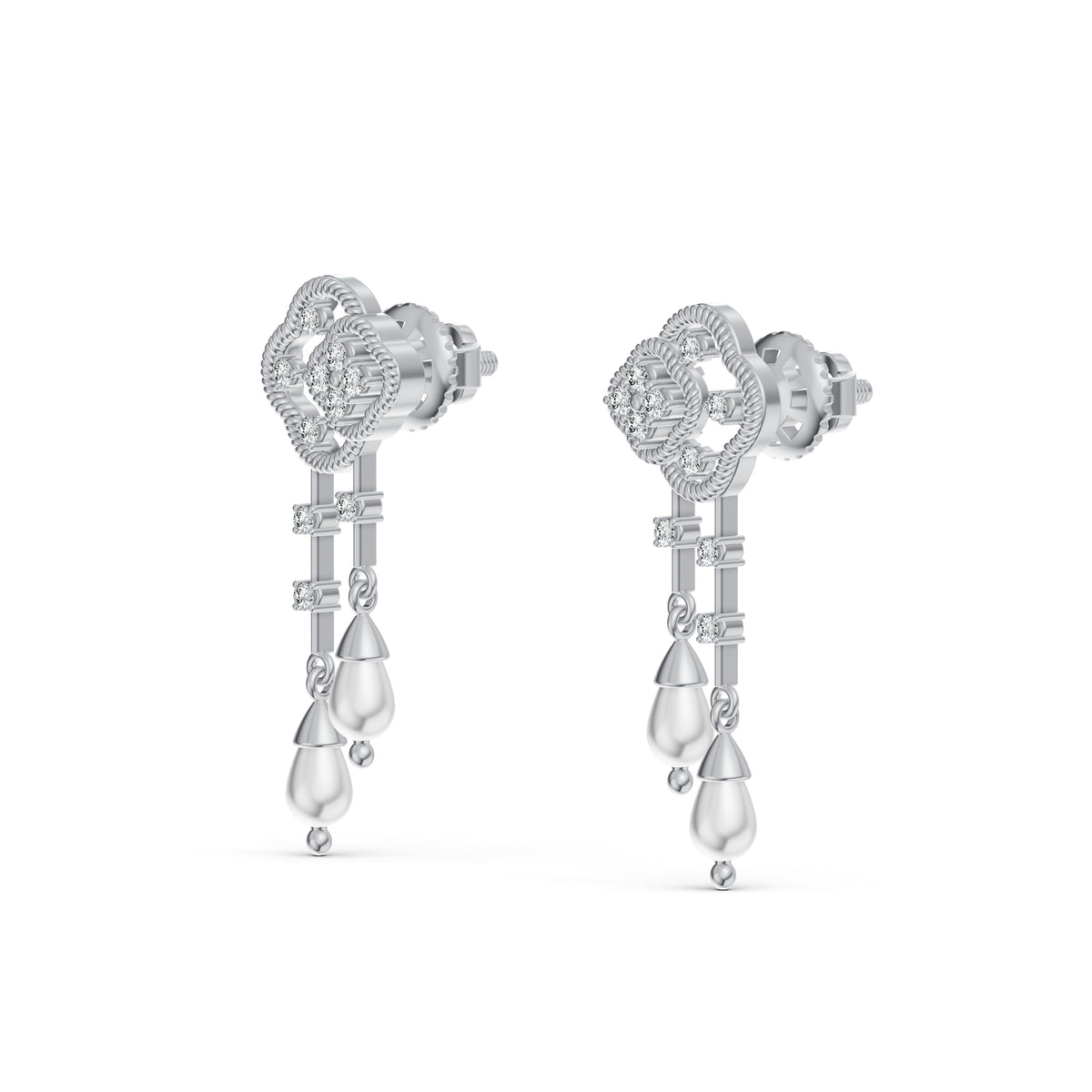 Double Clover Pearl Drop Diamond Earrings