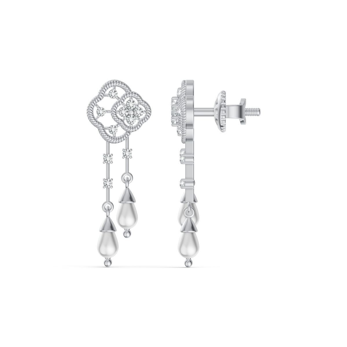 Double Clover Pearl Drop Diamond Earrings