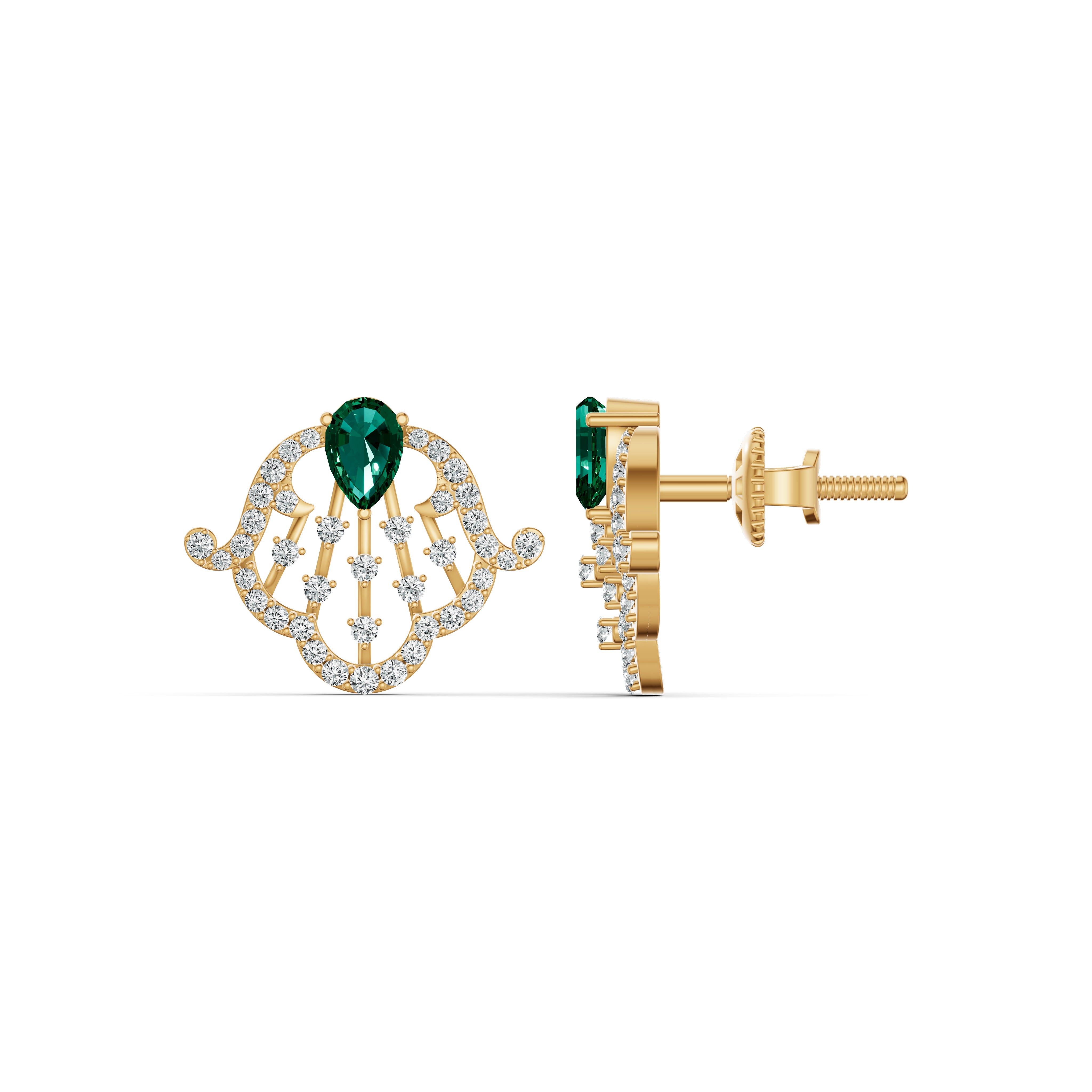Emerald Filigree Diamond Stud Earrings
