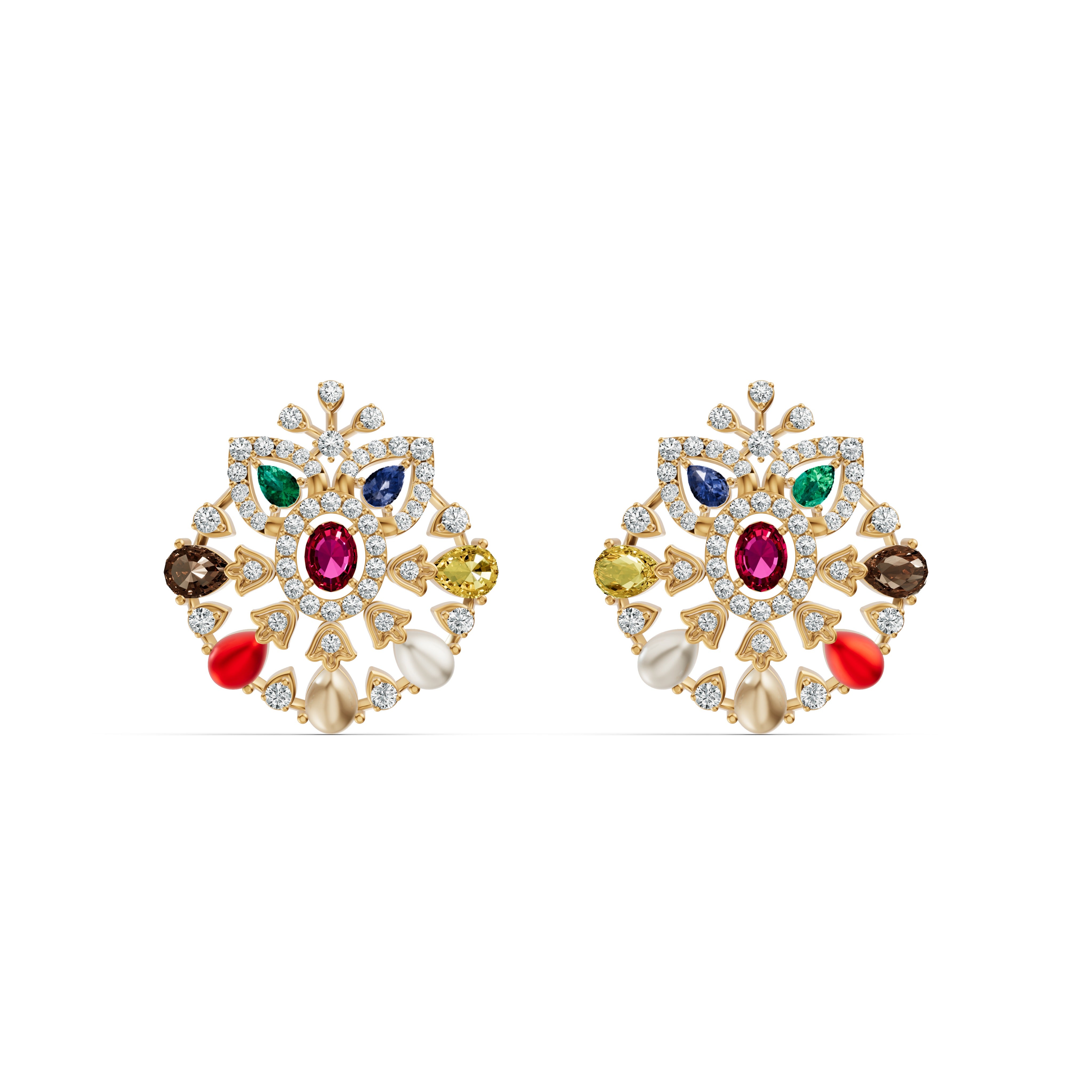 Navratna Floral Diamond Stud Earrings