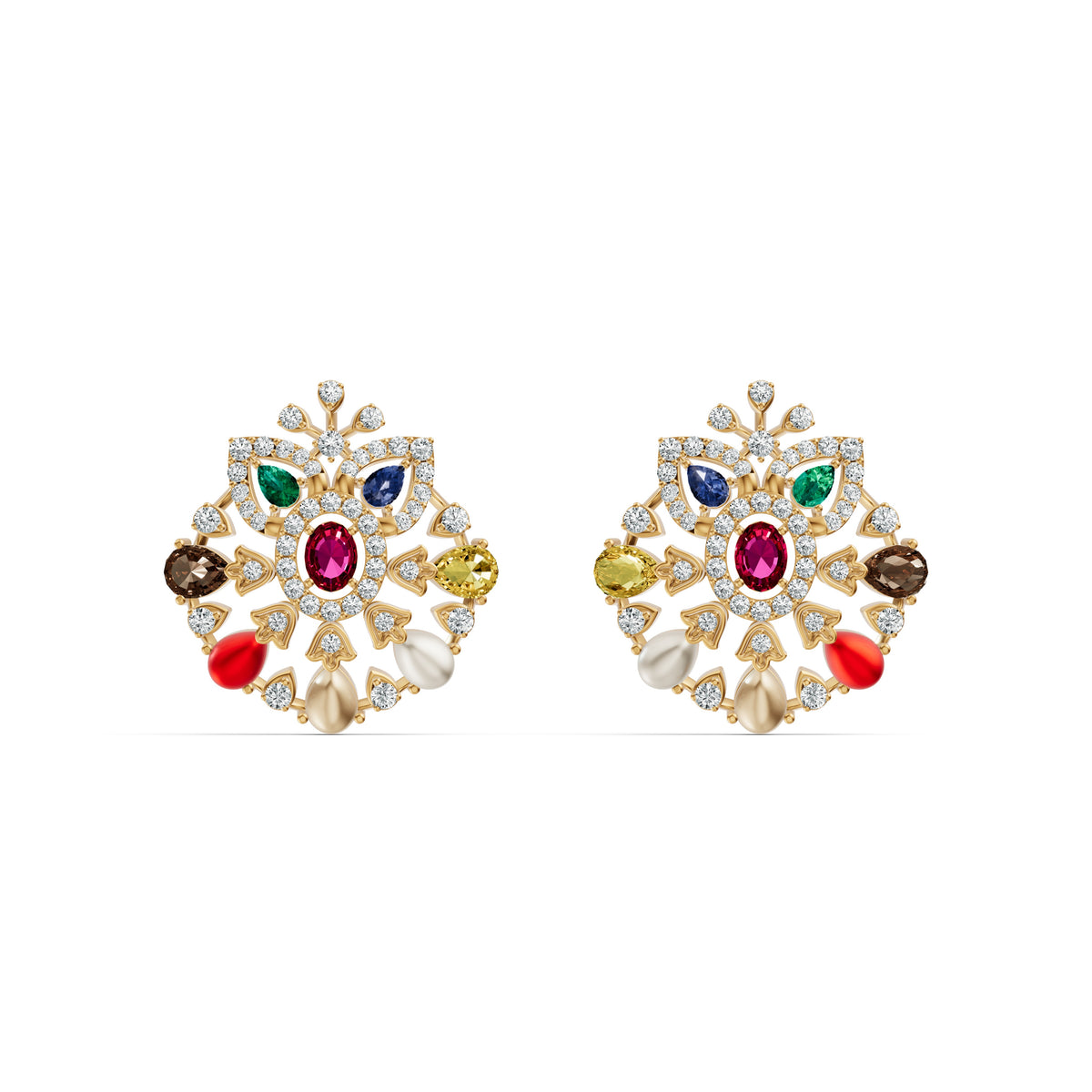 Navratna Floral Diamond Stud Earrings