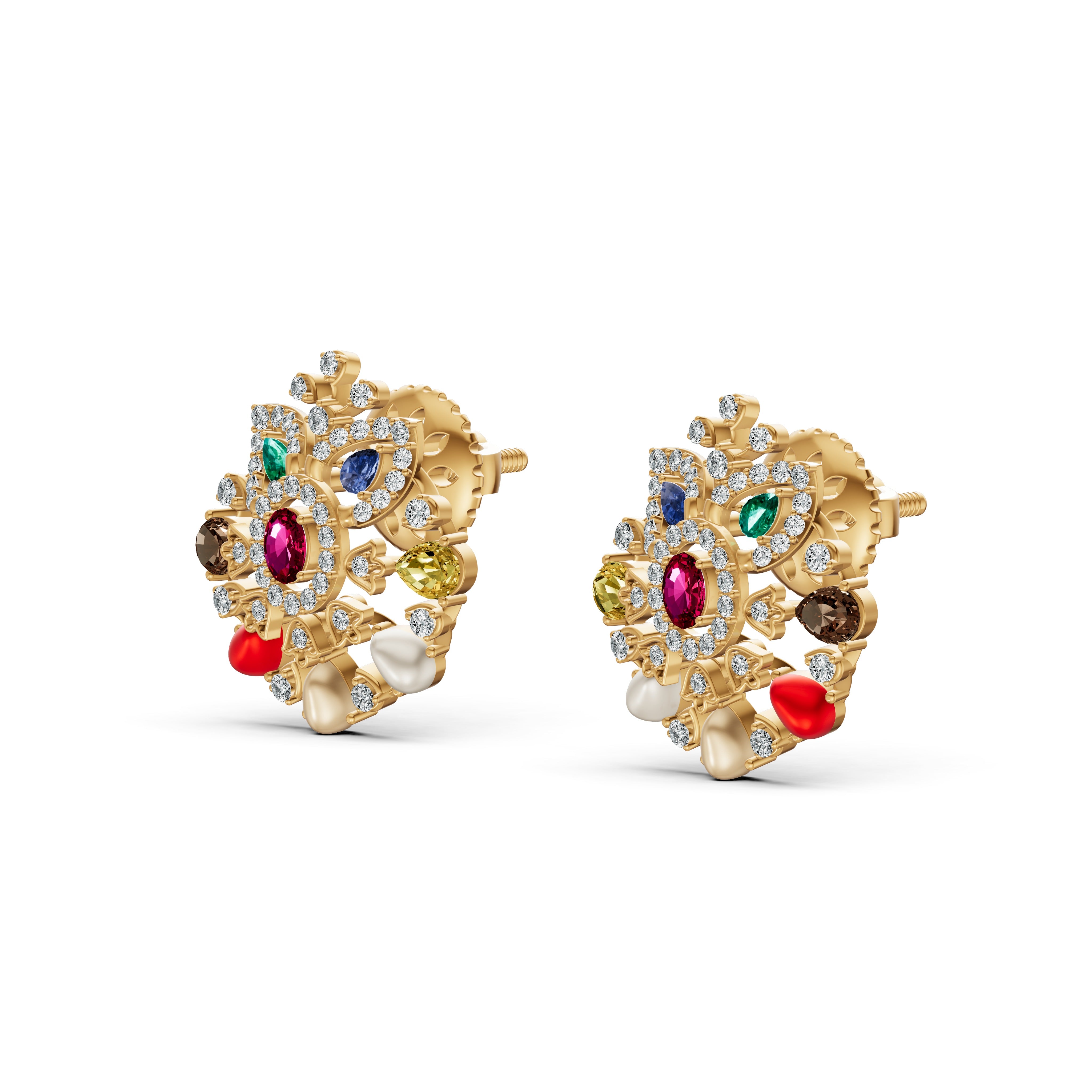 Navratna Floral Diamond Stud Earrings