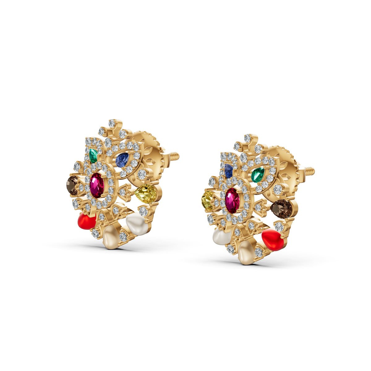 Navratna Floral Diamond Stud Earrings