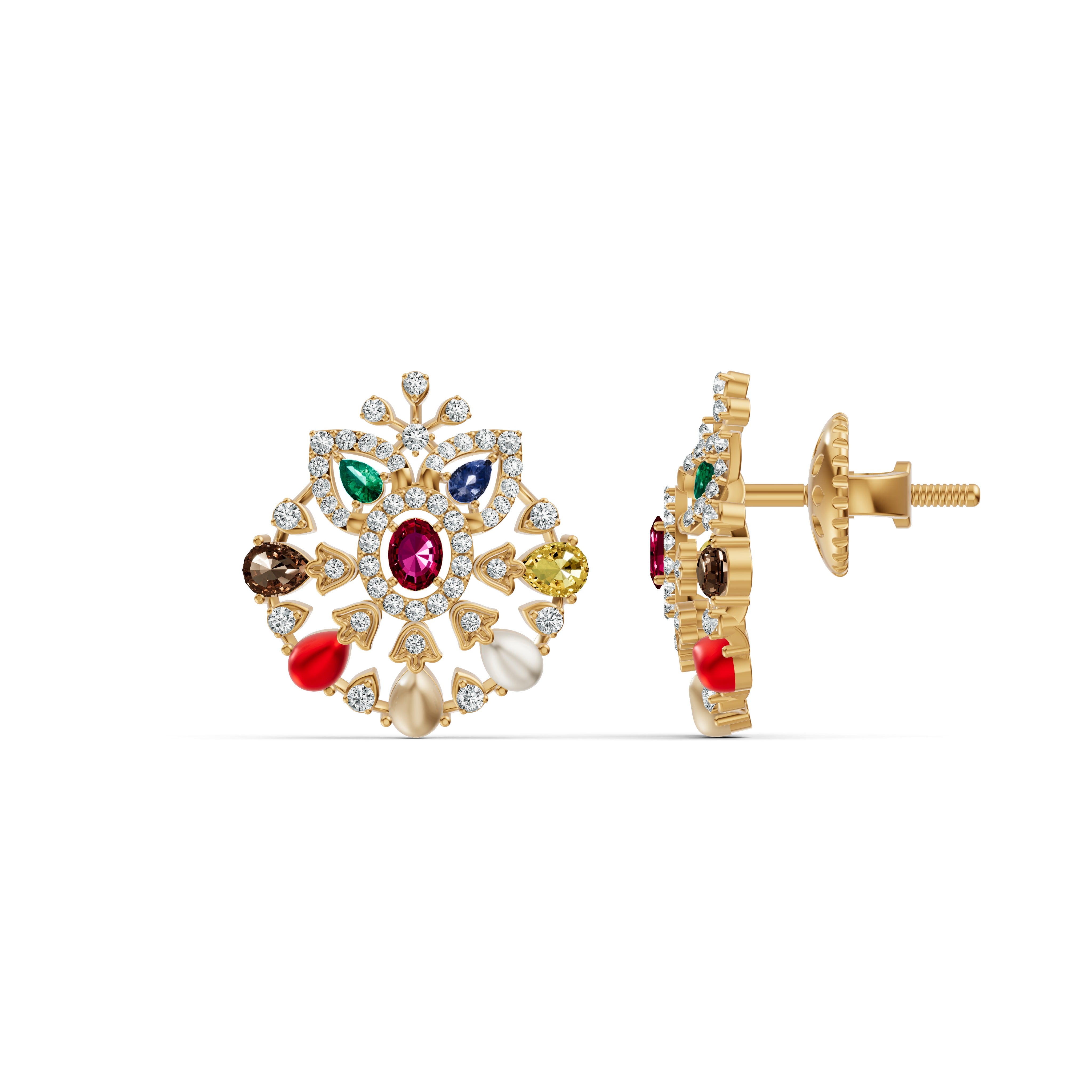 Navratna Floral Diamond Stud Earrings