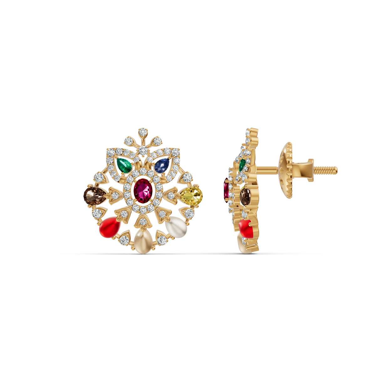 Navratna Floral Diamond Stud Earrings