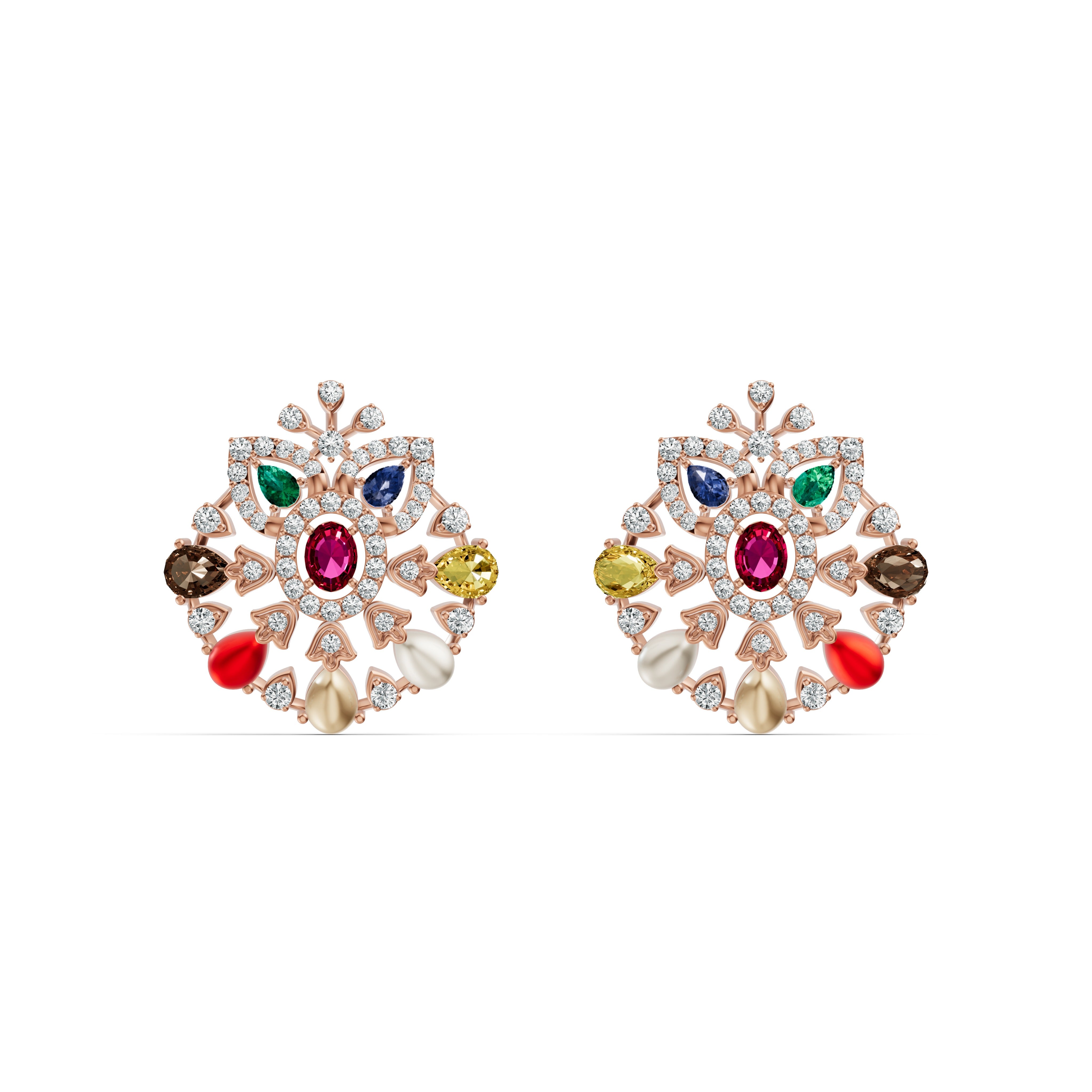 Navratna Floral Diamond Stud Earrings