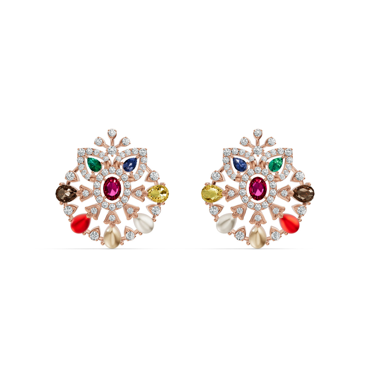 Navratna Floral Diamond Stud Earrings