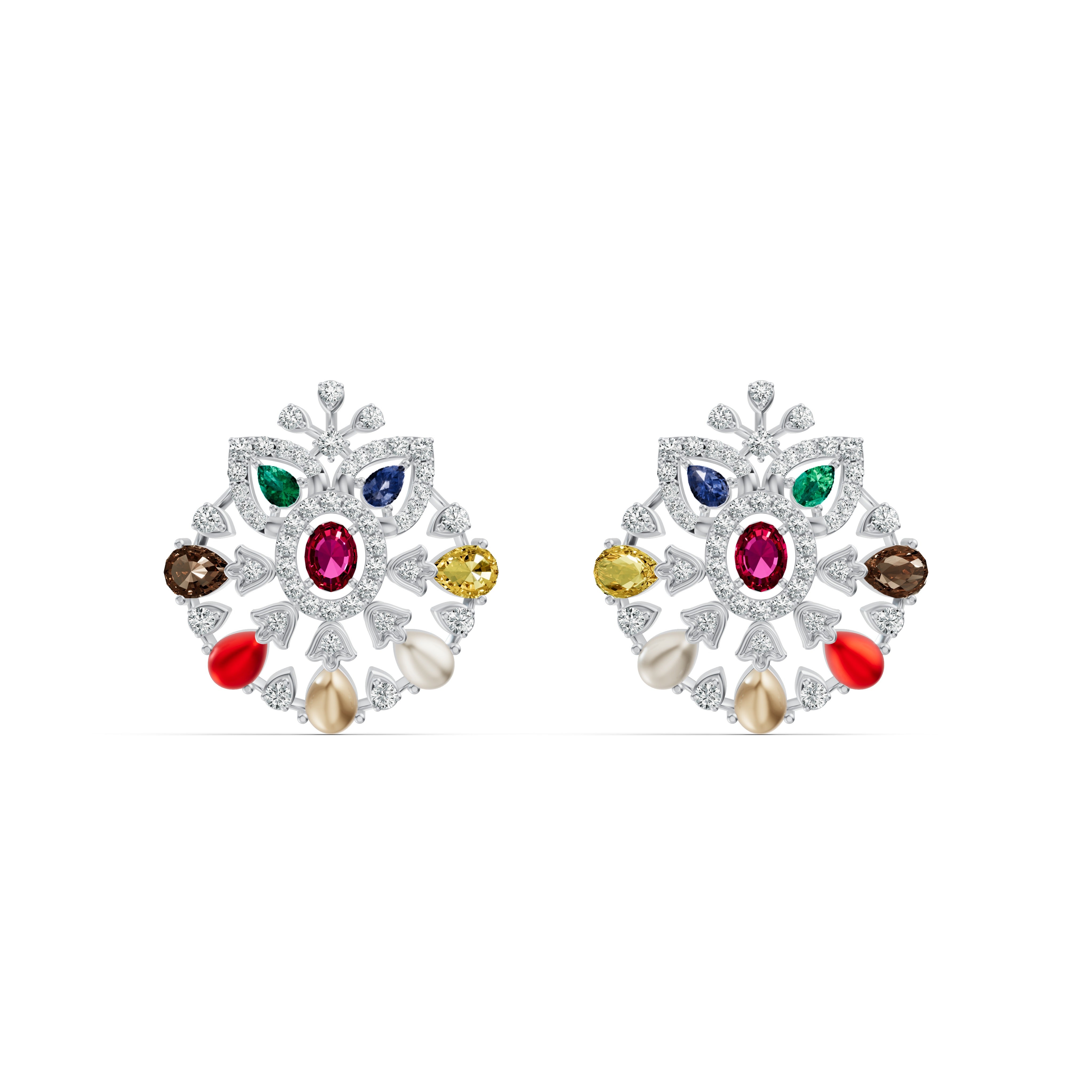 Navratna Floral Diamond Stud Earrings