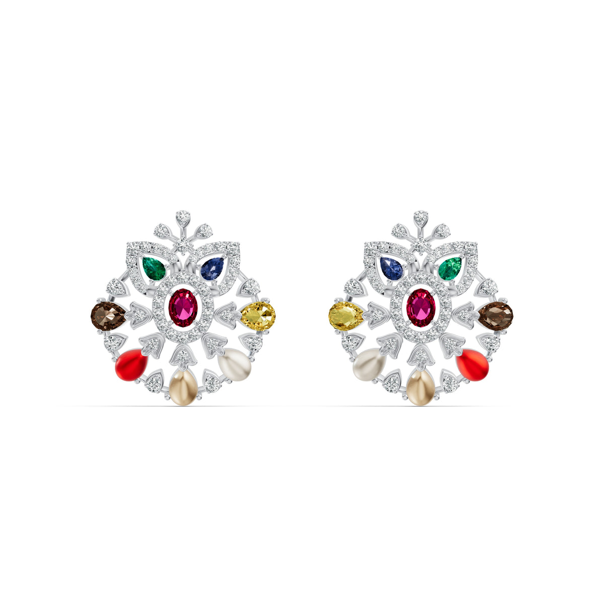 Navratna Floral Diamond Stud Earrings