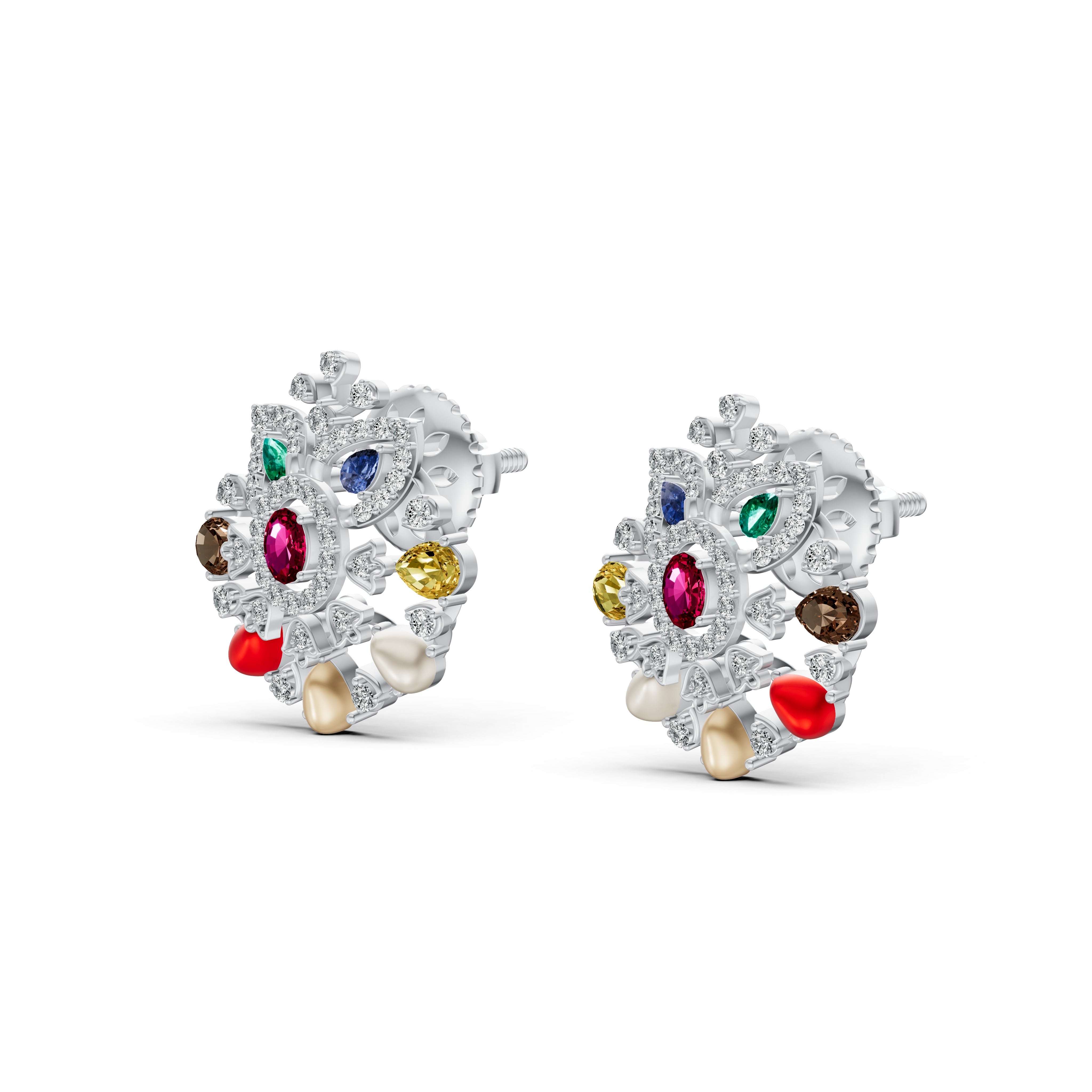 Navratna Floral Diamond Stud Earrings