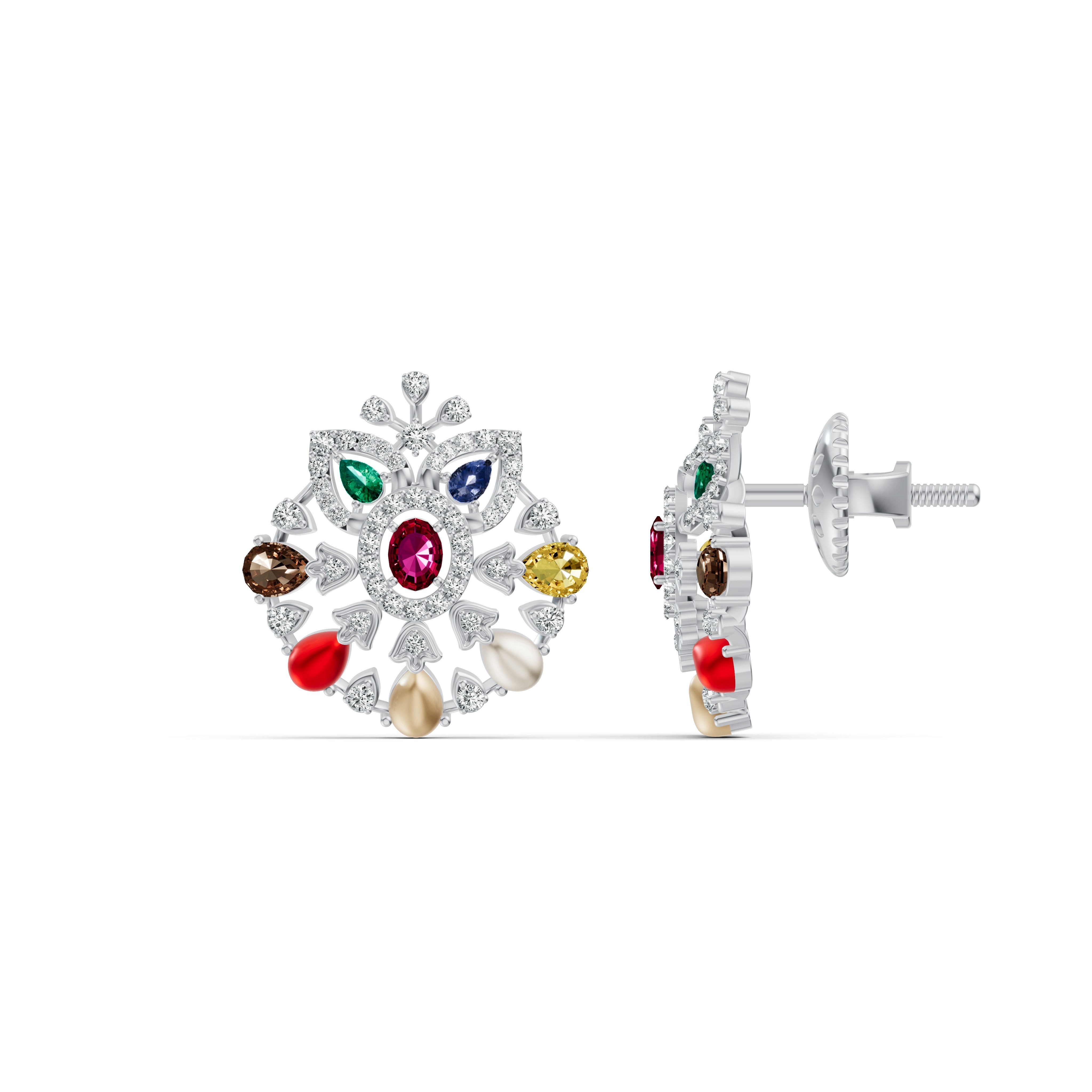 Navratna Floral Diamond Stud Earrings