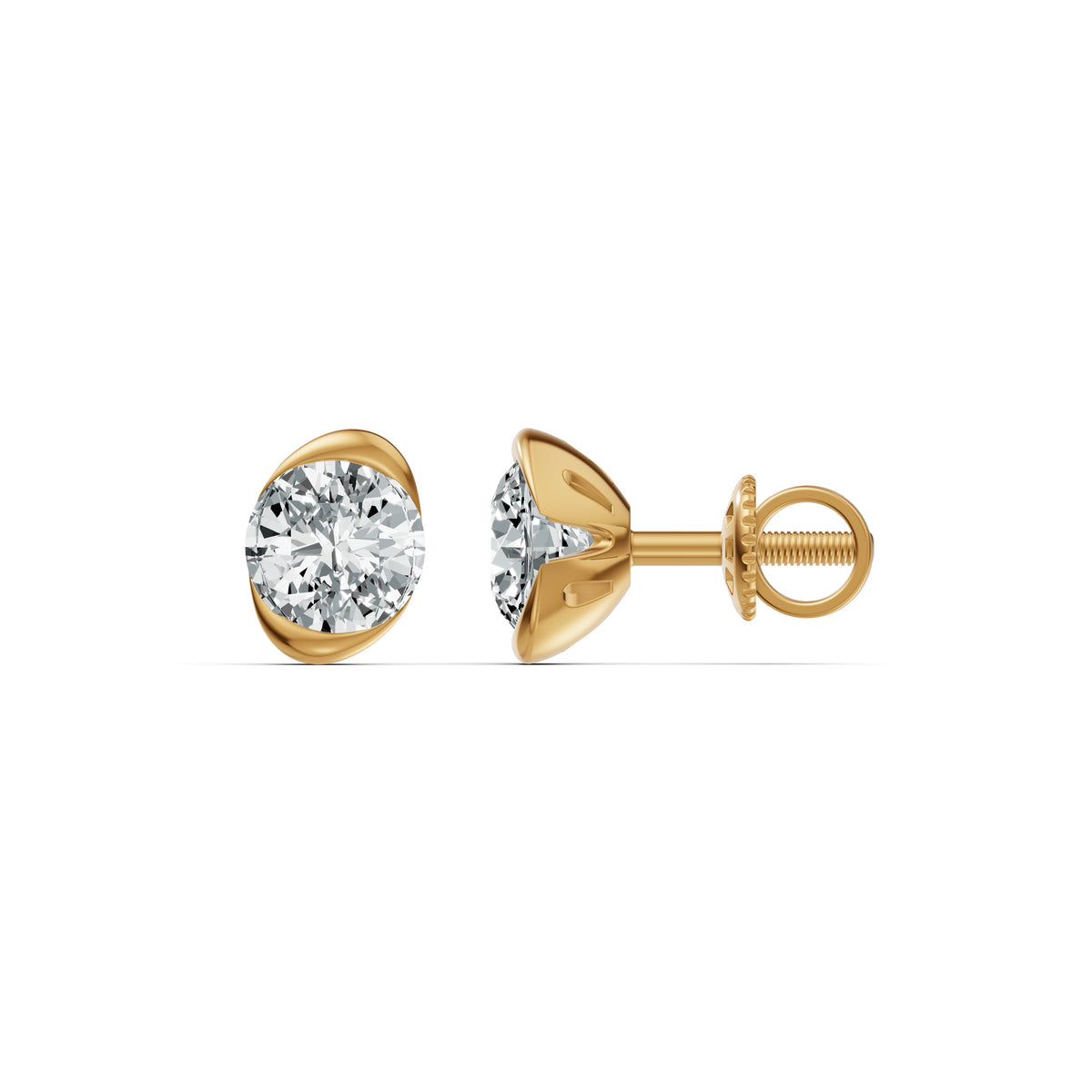 Half Bezel Rising Edge Round Solitaire Stud Earrings