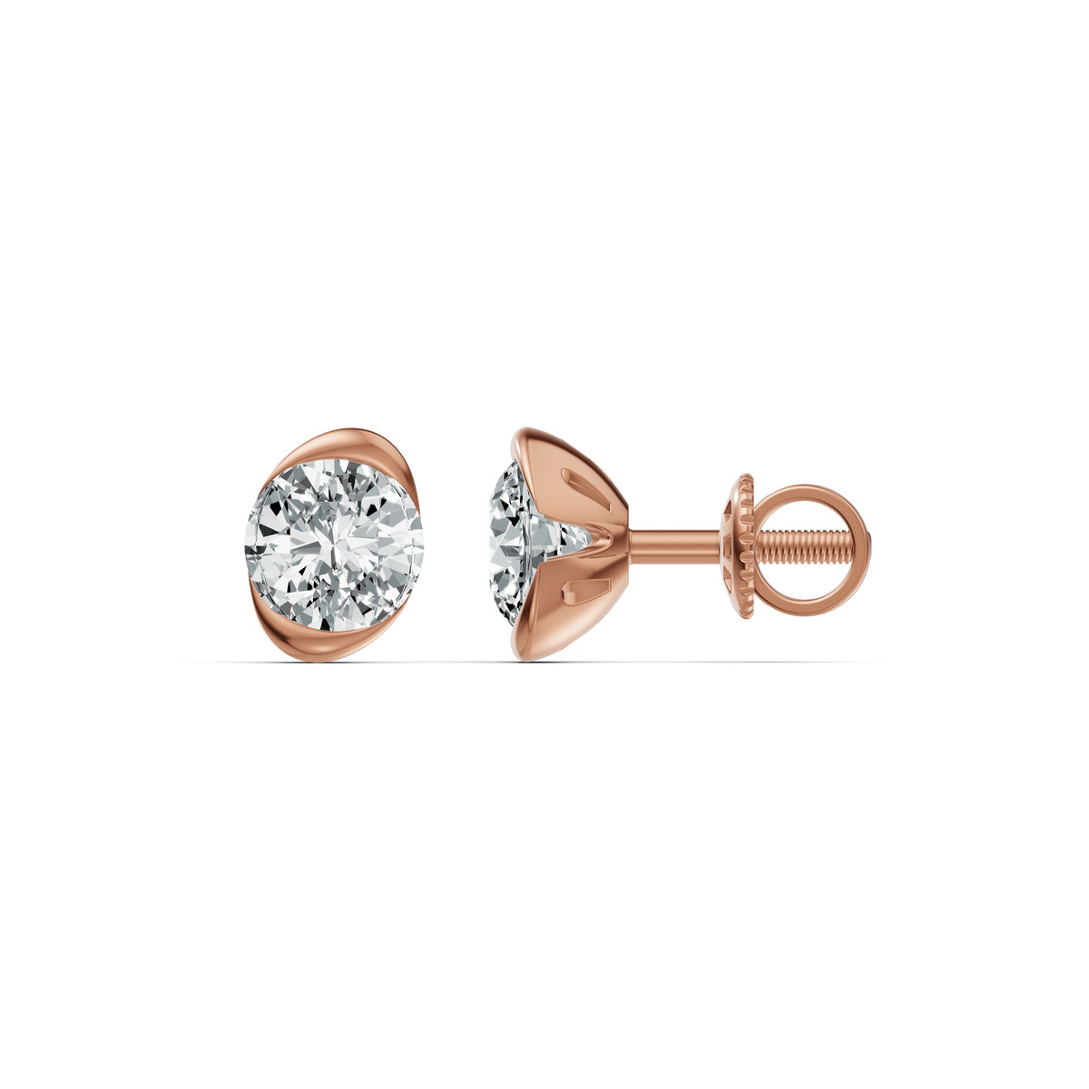 Half Bezel Rising Edge Round Solitaire Stud Earrings