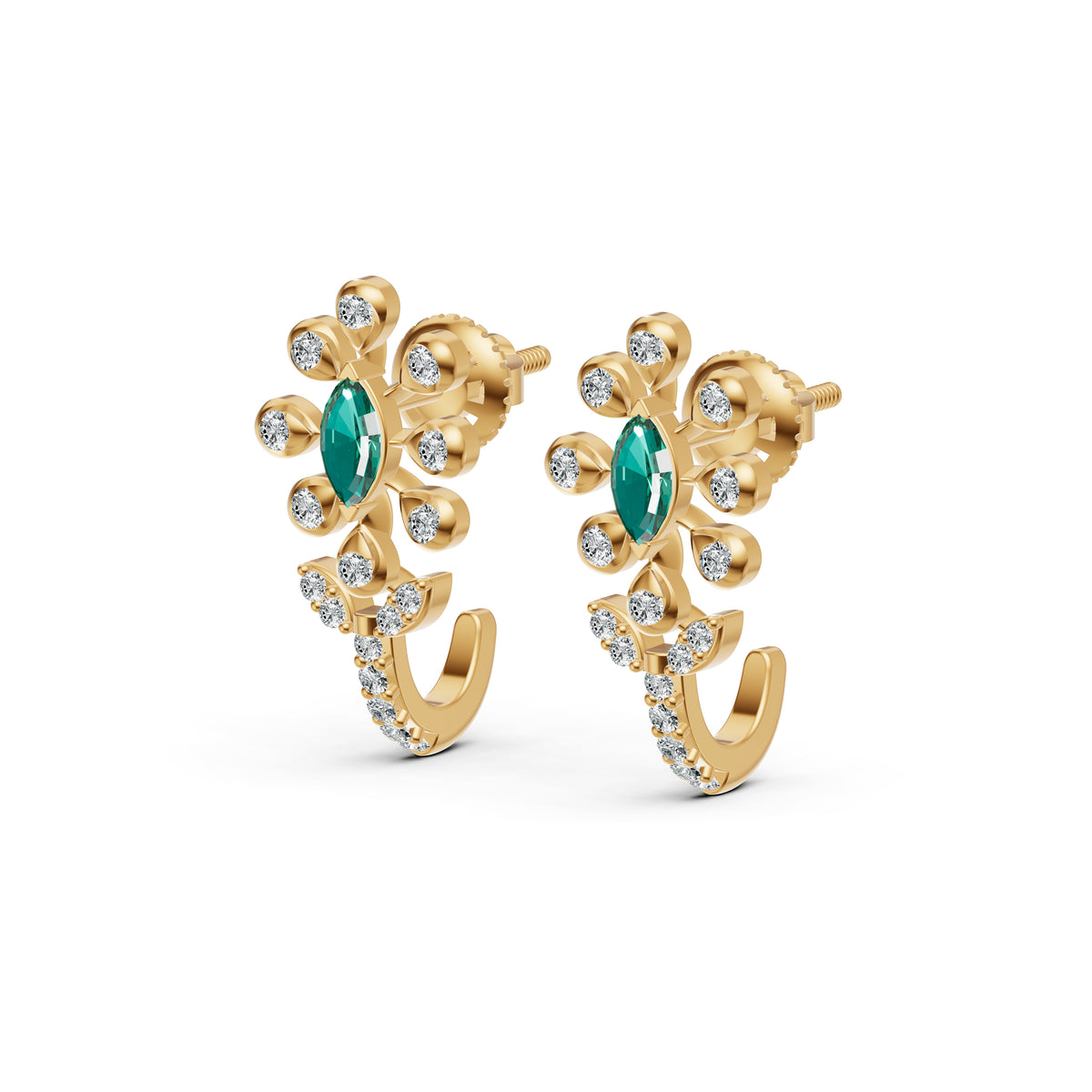 Emerald Bloom J-Stud Diamond Earrings