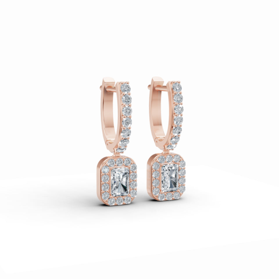 Baguette Solitaire Halo Drop Earrings