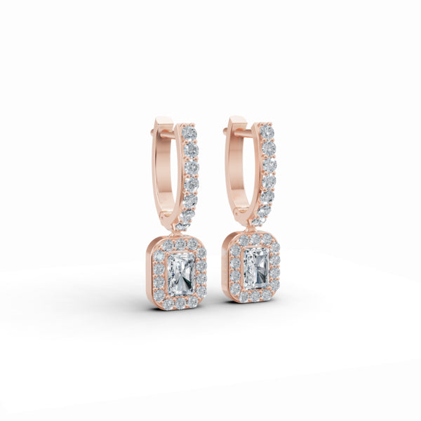Baguette Solitaire Halo Drop Earrings