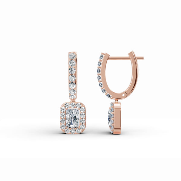 Baguette Solitaire Halo Drop Earrings