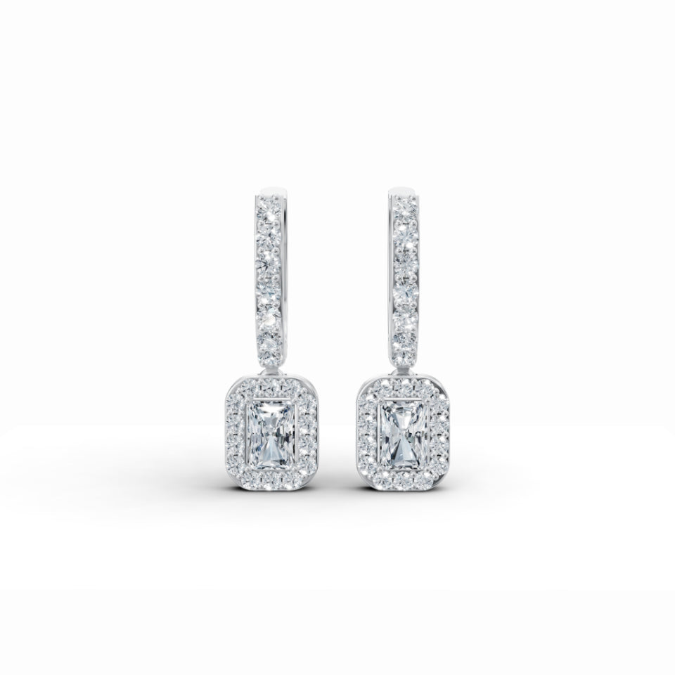 Baguette Solitaire Halo Drop Earrings