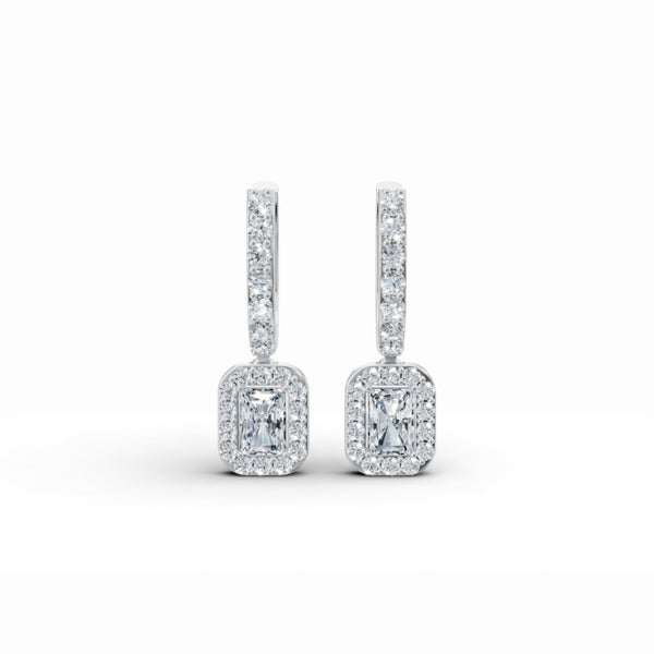 Baguette Solitaire Halo Drop Earrings