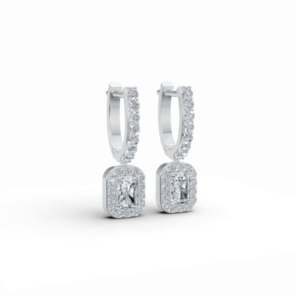 Baguette Solitaire Halo Drop Earrings