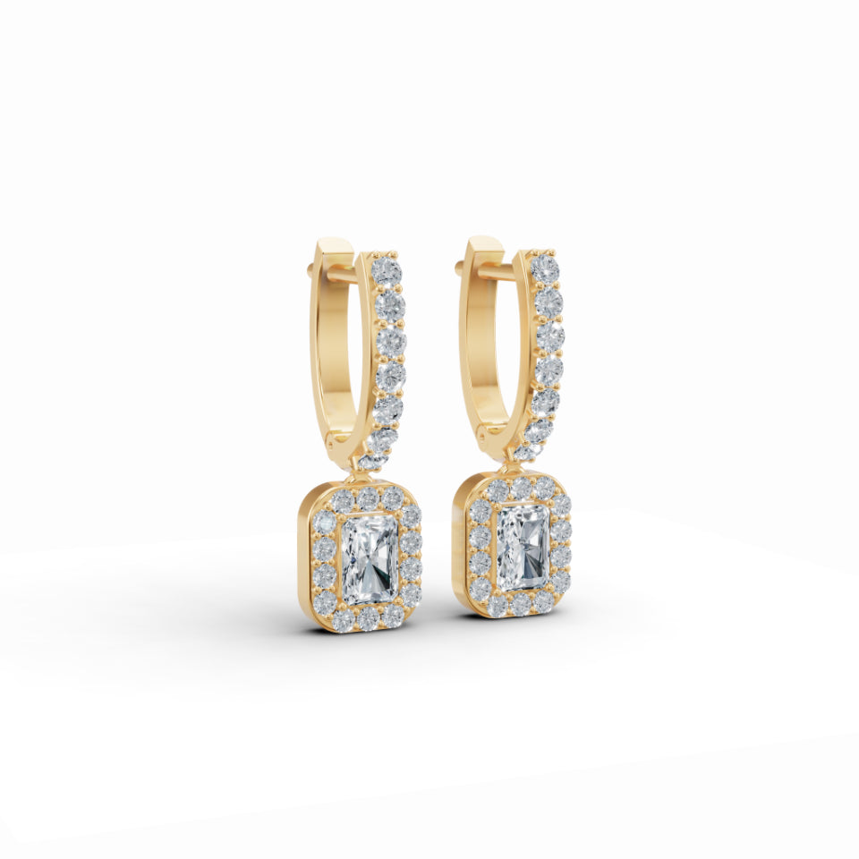 Baguette Solitaire Halo Drop Earrings